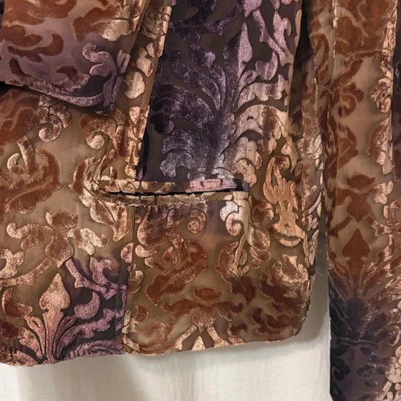 SUNDANCE Velvet Burnout Open Front Jacket in Brown & Purple - Picture 3 of 7
